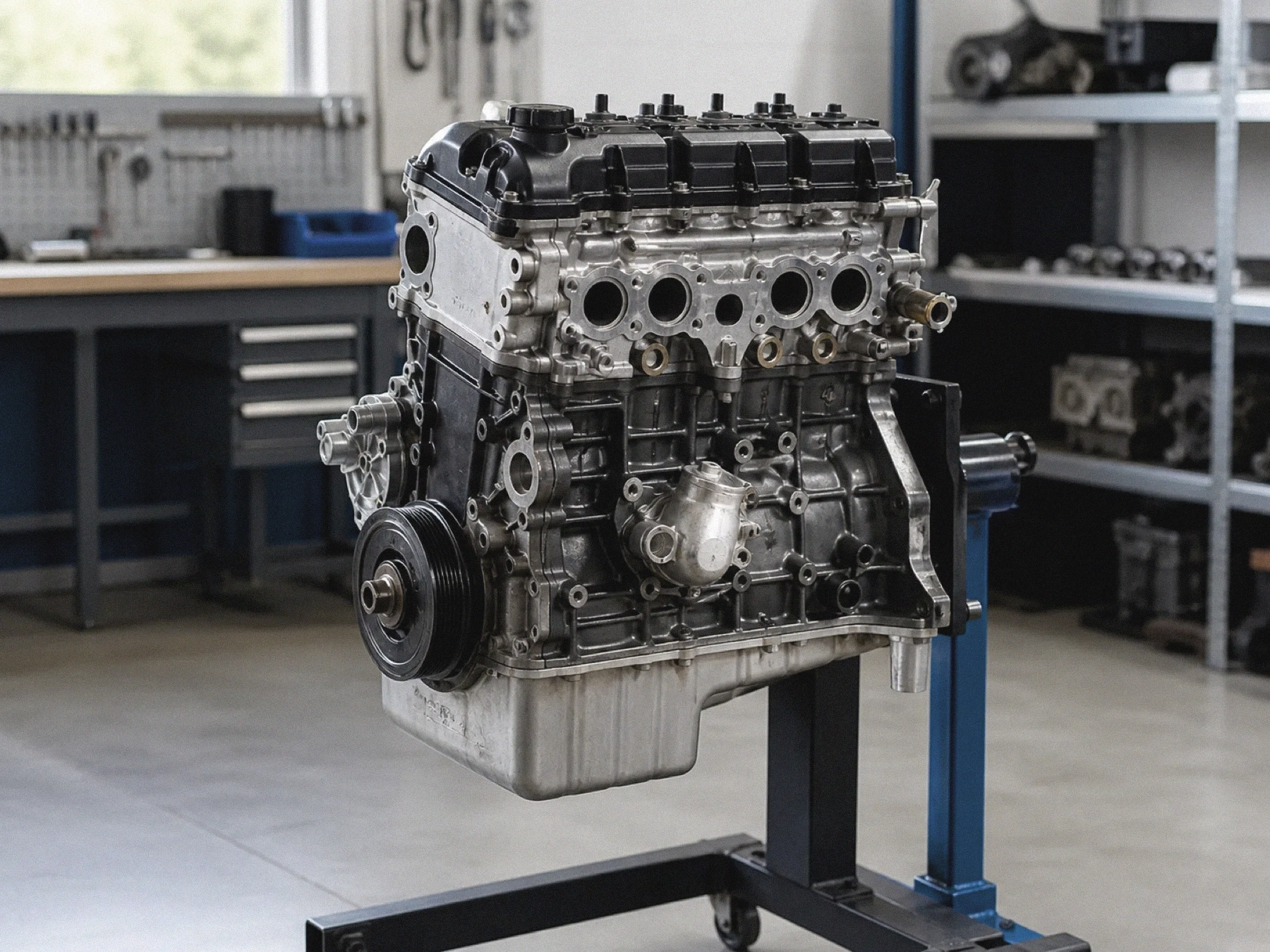 Ausgebauter Motor auf Motorständer in einer Werkstatt